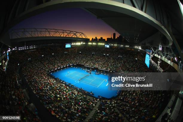 General view of Rod Laver Arean at sunset as Rafael Nadal of Spain plays in his quarter-final match against Marin Cilic of Croatia on day nine of the...