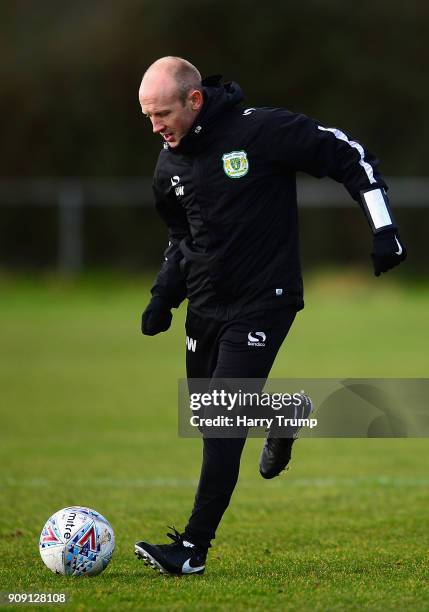 Darren Way, manager of Yeovil Town takes part in a training session during the Yeovil Town media access day at Huish Park on January 23, 2018 in...