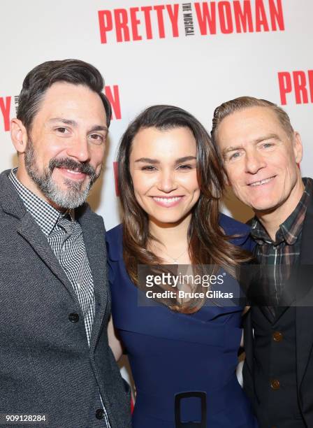 Steve Kazee, Samantha Barks and Composer Bryan Adams pose at a photo call for the new Broadway bound musical based on the hit iconic film "Pretty...