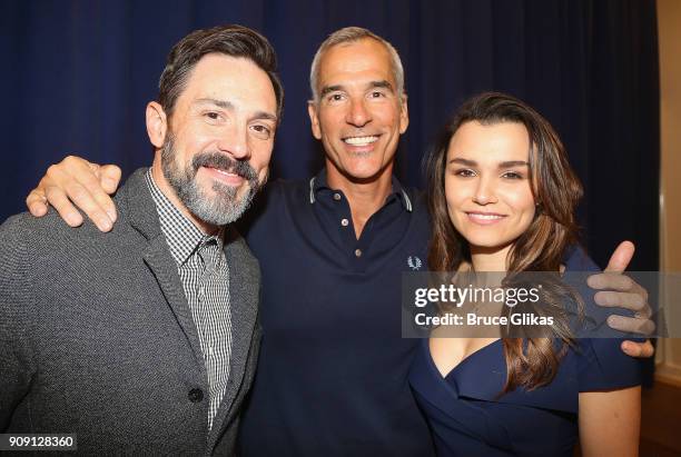 Steve Kazee, Director/Choreographer Jerry Mitchell and Samantha Barks pose at a photo call for the new Broadway bound musical based on the hit iconic...