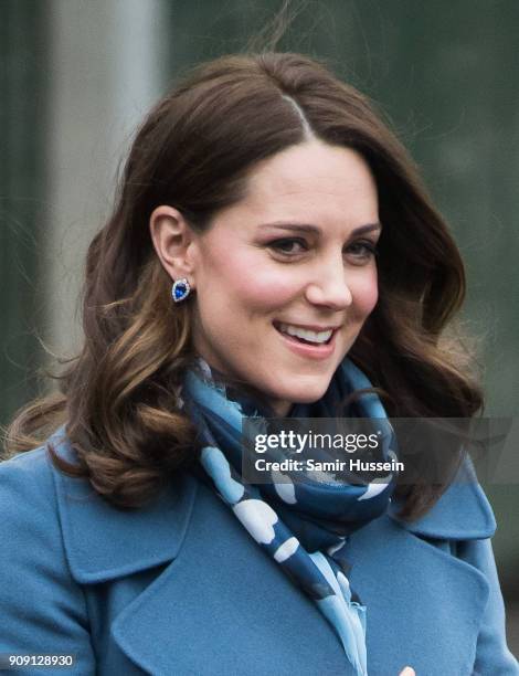 Catherine, Duchess of Cambridge visits Roe Green Junior School on January 23, 2018 in London, England to launch a programme that supports children's...