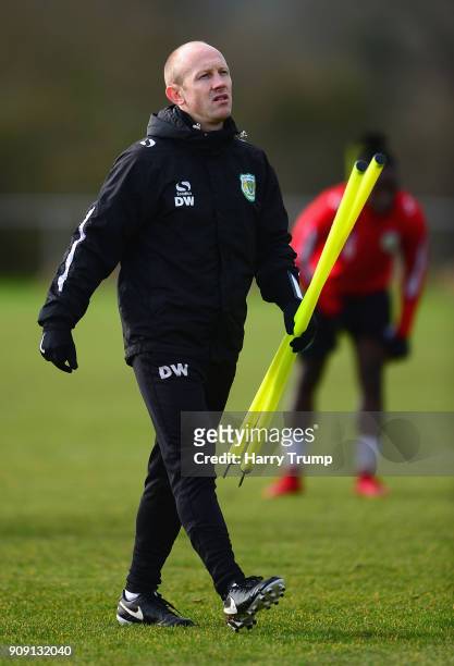 Darren Way, manager of Yeovil Town looks on during a training session during the Yeovil Town media access day at Huish Park on January 23, 2018 in...