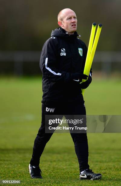 Darren Way, manager of Yeovil Town looks on during a training session during the Yeovil Town media access day at Huish Park on January 23, 2018 in...