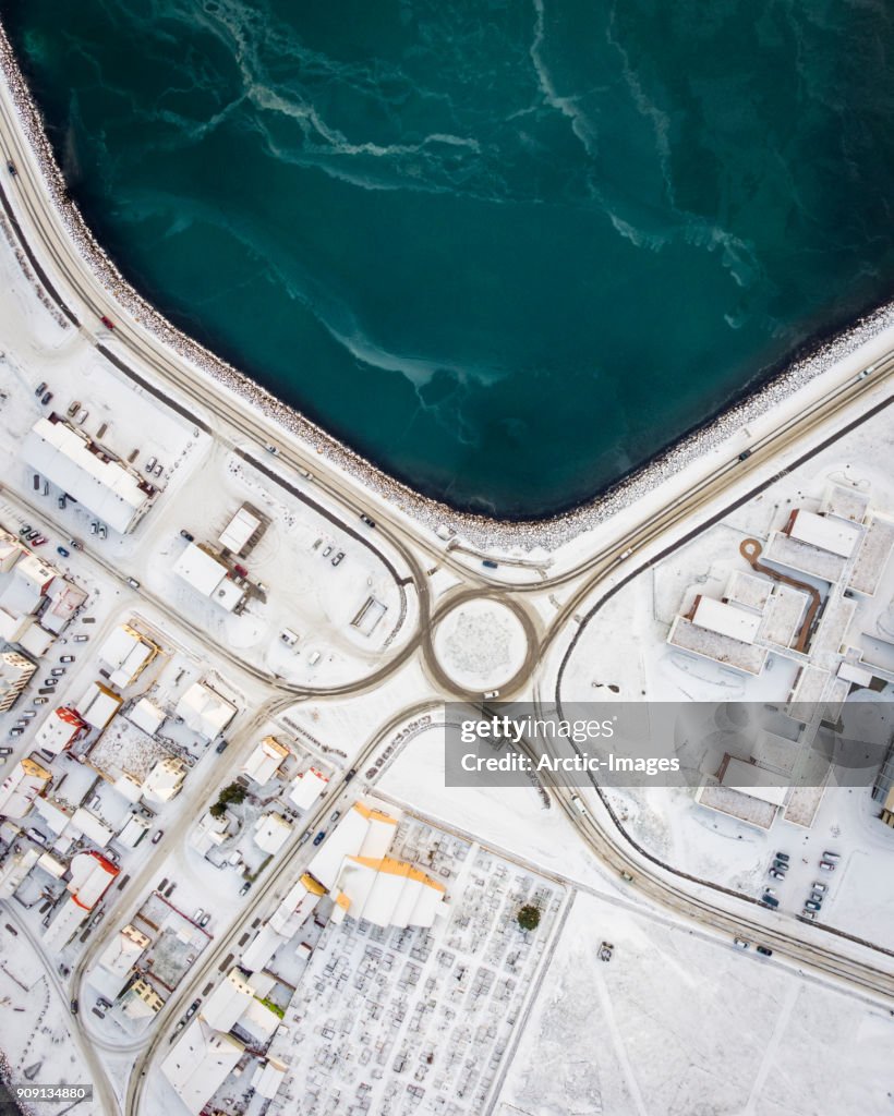 Aerial-Traffic Circle in the Winter by the Sea.