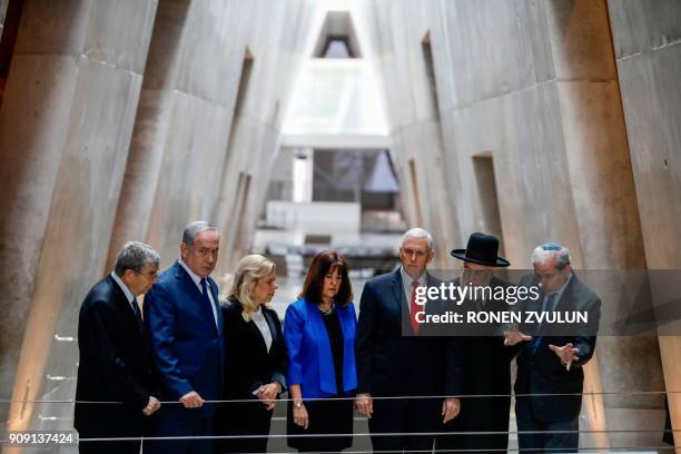 Vice President Mike Pence and his wife Karen Pence , Yad Vashem Director Avner Shalev , Israeli Prime Minister Benjamin Netanyahu and his wife Sara...