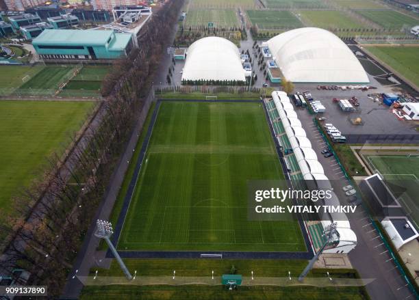 An aerial view taken on December 15, 2017 shows FC Krasnodar Academy which was chosen to be Spain's national football team's training camp for the...