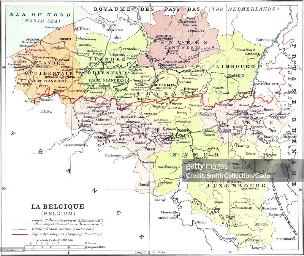 Political map of Belgium, in color, with a scale, and markings to ...