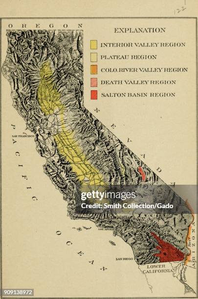 Relief map of California, USA, with shading to denote physical features, and color-coding to indicate regions where dates can be grown, from a series...