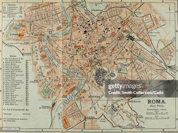 Color street map of the city of Rome, Italy, showing points of interest, including theaters, hotels, post office and tram lines, with a scaled key,...