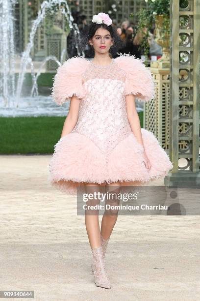 Kaia Gerber walks the runway during the Chanel Haute Couture Spring Summer 2018 show as part of Paris Fashion Week on January 23, 2018 in Paris,...