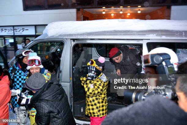 Rescued tourists are seen on January 23, 2018 in Kusatsu, Funma, Japan. Kusatsu-Shirane, a 2,160-meter volcano erupted in the morning on January 23,...