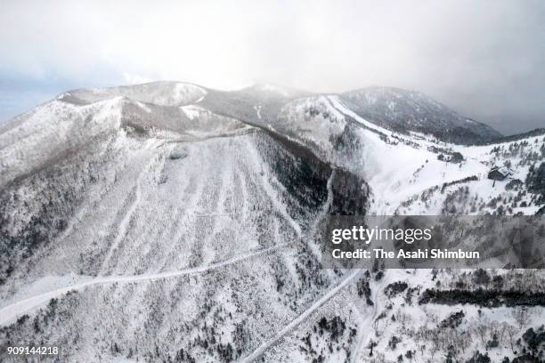 In this aerial image, the crater of Motoshiranesan , where an eruption occurred is seen on January 23, 2018 in Kusatsu, Gunma, Japan....