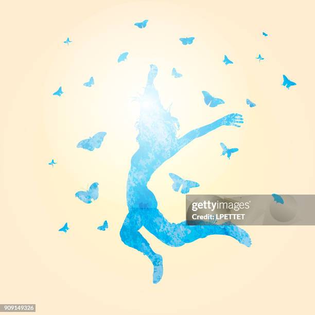 woman jumping watercolor - draw a butterfly stock illustrations