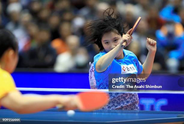 Miu Hirano competes in the Women's Singles final against Mima Ito during day seven of the All Japan Table Tennis Championships at the Tokyo...