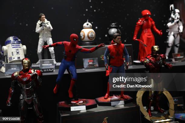 Comic book toys are displayed during the 2018 London Toy Fair at Olympia Exhibition Centre on January 23, 2018 in London, England. The annual fair...