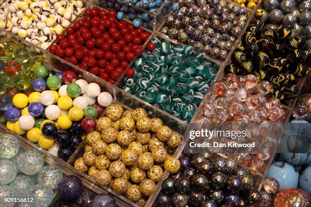 Marbles are displayed during the 2018 London Toy Fair at Olympia Exhibition Centre on January 23, 2018 in London, England. The annual fair which is...