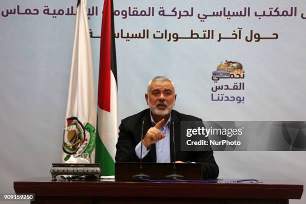 Hamas' leader Ismail Haniya delivers a speech in Gaza city on January 23, 2018.