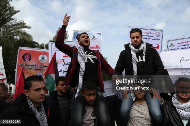 Palestinian students take part in a protest in Gaza City on January 23, 2018 against US President Donald Trump's decision to recognise Jerusalem as...