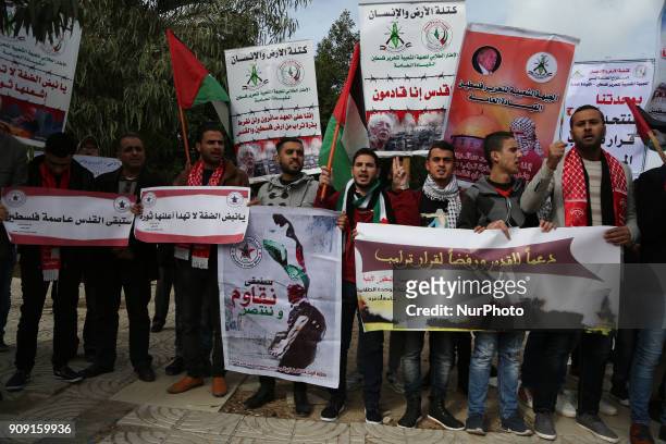 Palestinian students take part in a protest in Gaza City on January 23, 2018 against US President Donald Trump's decision to recognise Jerusalem as...