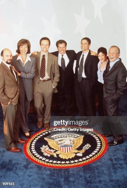 The cast of "The West Wing." From l-r: Richard Schiff , Allison Janney , Bradley Whitford , Martin Sheen , Rob Lowe , Moira Kelly and John Spencer ....