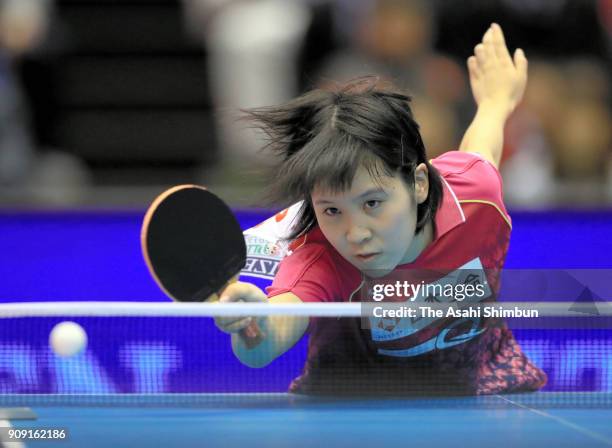 Miu Hirano competes in the Women's Signles semi final against Takako Nagao during day seven of the All Japan Table Tennis Championships at the Tokyo...