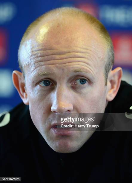 Darren Way, manager of Yeovil Town speaks to the media during a press conference during the Yeovil Town media access day at Huish Park on January 23,...