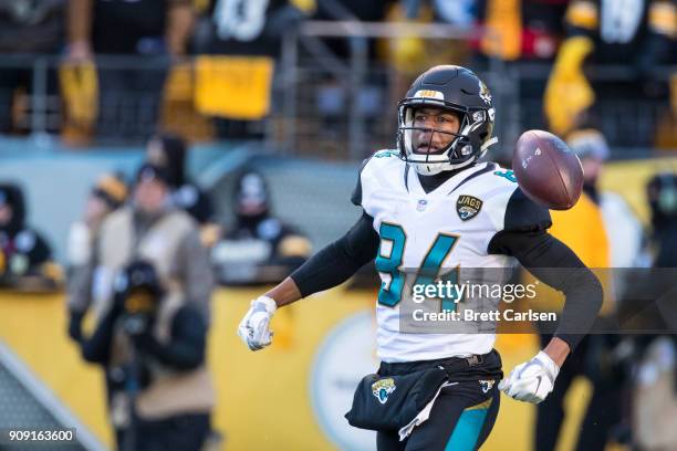 Keelan Cole of the Jacksonville Jaguars celebrates a first down reception during the second half against the Pittsburgh Steelers in the AFC...
