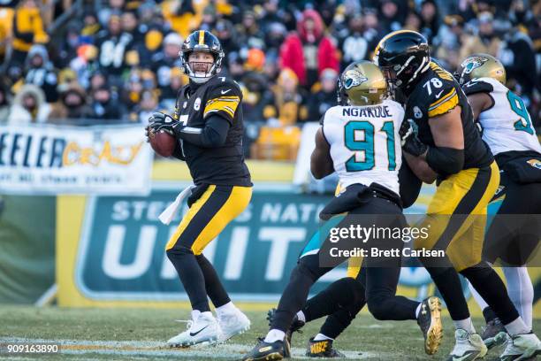 Ben Roethlisberger of the Pittsburgh Steelers drops back to pass during the second half of the AFC Divisional Playoff game against the Jacksonville...