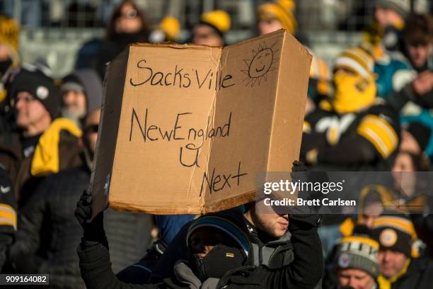 Jacksonville Jaguars fan holds a sign celebrating the team playing New England after a win against the Pittsburgh Steelers in the AFC Divisional...