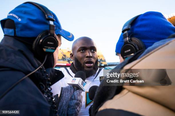 Leonard Fournette of the Jacksonville Jaguars participates in a post game interview after the AFC Divisional Playoff game against the Pittsburgh...