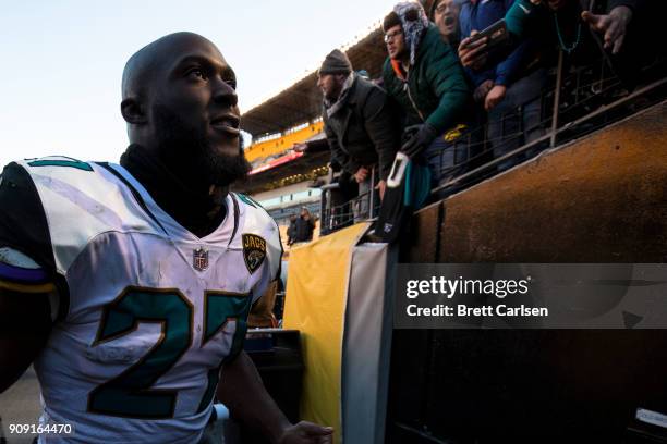 Leonard Fournette of the Jacksonville Jaguars runs off the field after the AFC Divisional Playoff game against the Pittsburgh Steelers at Heinz Field...