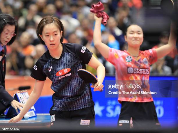 Kasumi Ishikawa reacts after her defeat by Mima Ito in the Women's Signles semi final during day seven of the All Japan Table Tennis Championships at...