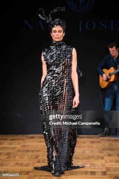 Model walks the runway during Naim Josefi show on the third day of Stockholm Fashion Week at the Grand Hotel on January 23, 2018 in Stockholm, Sweden.