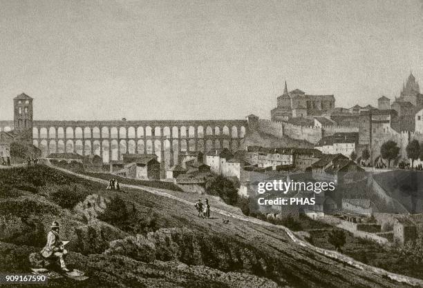 Segovia, Castile and Leon, Spain. View of the city and Roman aqueduct. Engraving by Parcerisa, from Recuerdos y Bellezas de España .