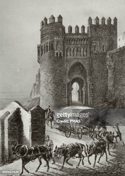Toledo, Spain. Puerta del Sol . City gate, built in the 14th century by the Knights Hospitaller. Engraving by Francisco Javier Parcerisa y Boada from...