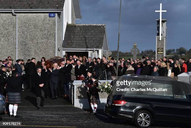 Family members carry the late Dolores O'Riordan from St Ailbe's Church, Ballybricken on January 23, 2018 in Limerick, Ireland. The Cranberries...