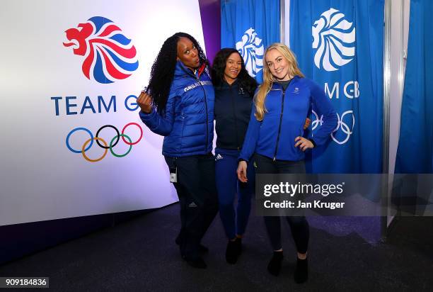 Montell Douglas, Mica Moore and Mica McNeil pose during the Team GB Kitting Out Ahead Of Pyeongchang 2018 Winter Olympic Games at Adidas headquarters...