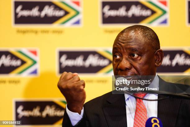 Deputy President Cyril Ramaphosa during a pre-World Economic Forum breakfast briefing on January 18, 2018 in Johannesburg, South Africa. Ramaphosa,...