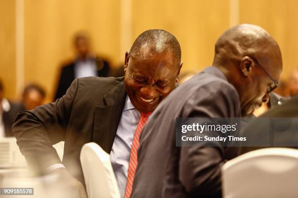 Deputy President Cyril Ramaphosa during a pre-World Economic Forum breakfast briefing on January 18, 2018 in Johannesburg, South Africa. Ramaphosa,...