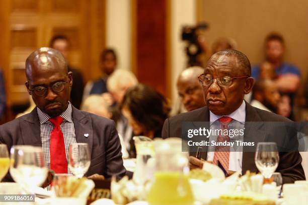 Deputy President Cyril Ramaphosa and Finance Minister Malusi Gigaba during a pre-World Economic Forum breakfast briefing on January 18, 2018 in...