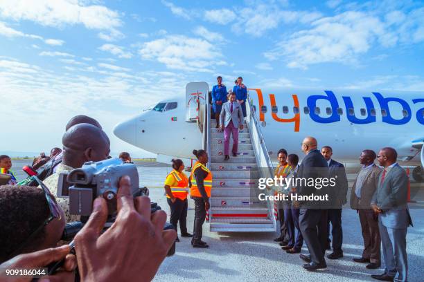 In this handout image provided bu flydubai, Dubai-based flydubais inaugural flight touched down today at Kilimanjaro International Airport ,...