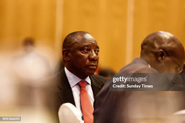 Deputy President Cyril Ramaphosa during a pre-World Economic Forum breakfast briefing on January 18, 2018 in Johannesburg, South Africa. Ramaphosa,...