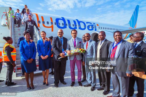 In this handout image provided bu flydubai, Dubai-based flydubais inaugural flight touched down today at Kilimanjaro International Airport ,...