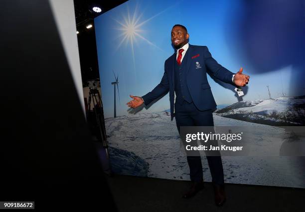 Joel Fearon tries on his uniform during the Team GB Kitting Out Ahead Of Pyeongchang 2018 Winter Olympic Games at Adidas headquarters on January 23,...