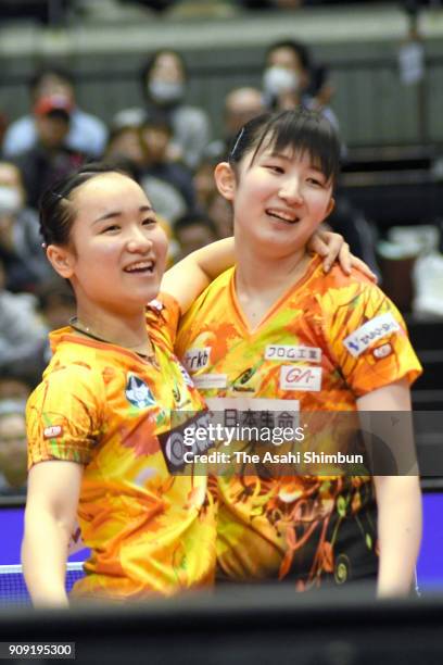 Mima Ito and Hina Hayata celebrate winning the Women's Doubles final against Yuka Umemura and Maki Shiomi during day six of the All Japan Table...