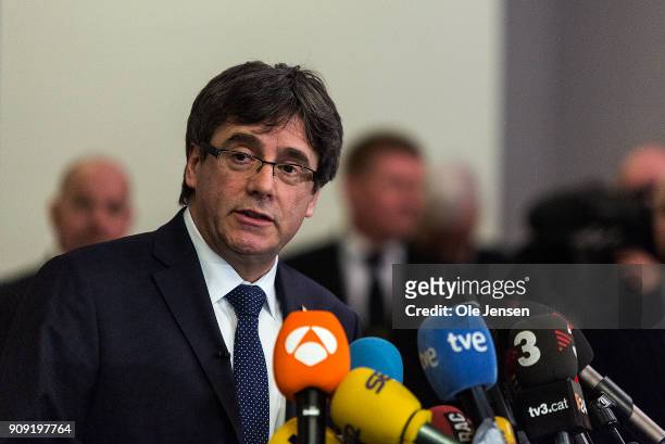 Spanish separatist leader Carles Puigdemont speaks at a press conference at the Danish Parliament during his first visit outside Belgium since he...