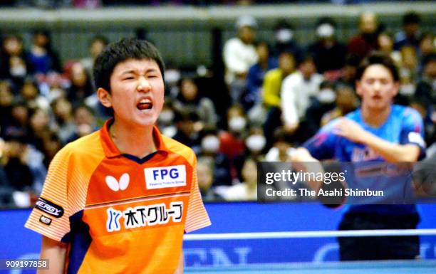 Tomokazu Harimoto competes in the Men's Singles quarter final against Yuya Oshima during day six of the All Japan Table Tennis Championships at the...