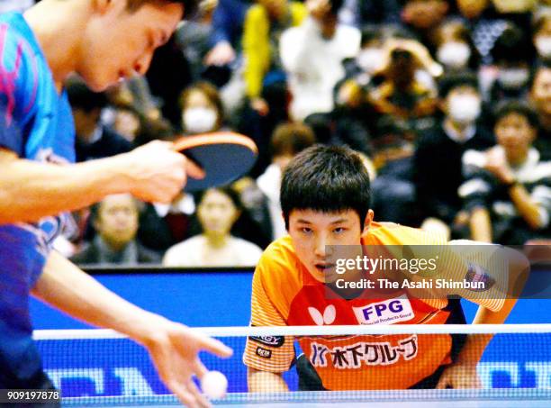 Tomokazu Harimoto competes in the Men's Singles quarter final against Yuya Oshima during day six of the All Japan Table Tennis Championships at the...