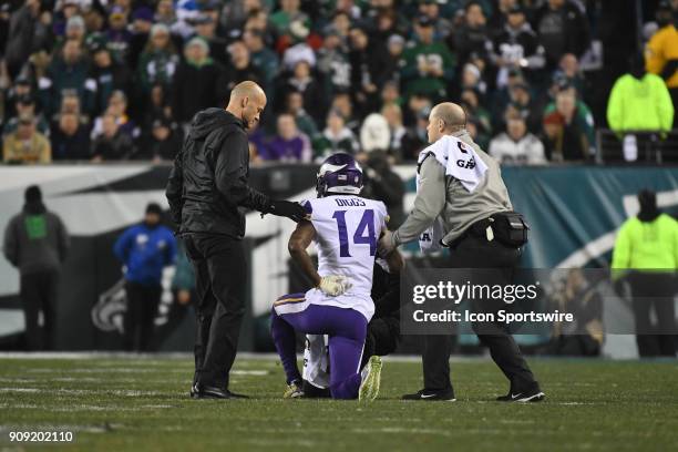 Minnesota Vikings wide receiver Stefon Diggs is attended by medical staff during the NFC Championship game between the Philadelphia Eagles and the...