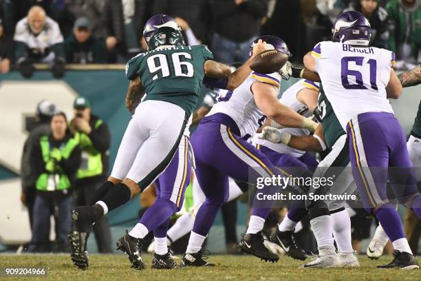 Philadelphia Eagles defensive end Derek Barnett forces a fumble during the NFC Championship game between the Philadelphia Eagles and the Minnesota...